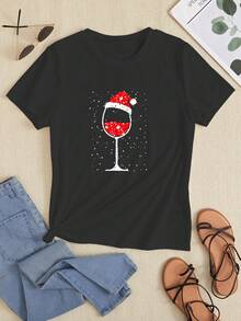 SHEIN Slayr Christmas Hat & Goblet Print Tee - Black - View 6