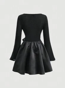 SHEIN MOD Deep V-neck Front Tie Dress - Black - View 2