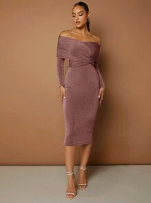 SHEIN BAE Ladies' Solid Color Off Shoulder Pleated Belted Dress - Redwood - View 3