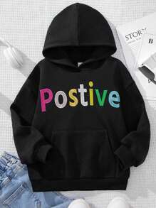 SHEIN Cô gái Giải trí áo có mũ Áo chui đầu Áo nỉ Với Long lanh Thêu Đan - màu đen - Xem 3