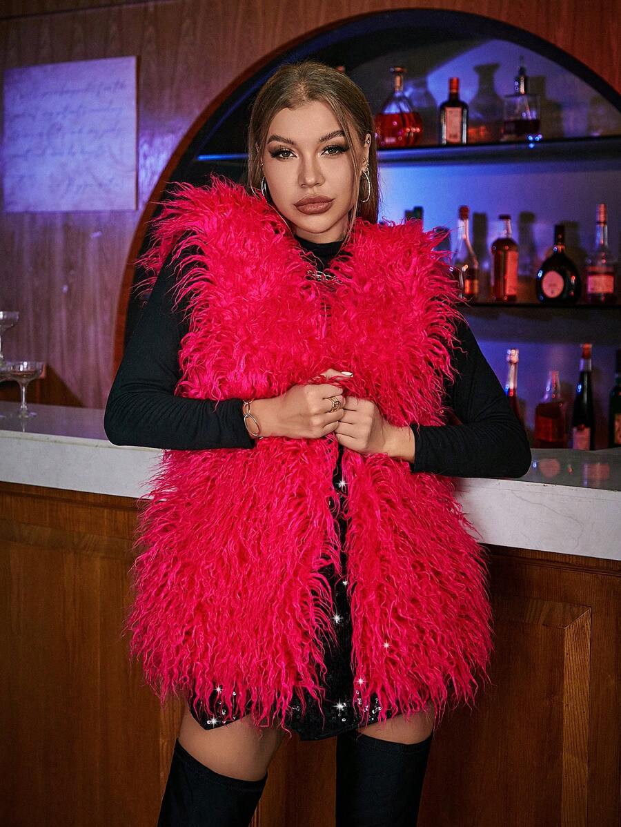 Allurite Của phụ nữ Bắt chước Shearling Dài Áo vest - Màu Hồng Tươi - Xem 1