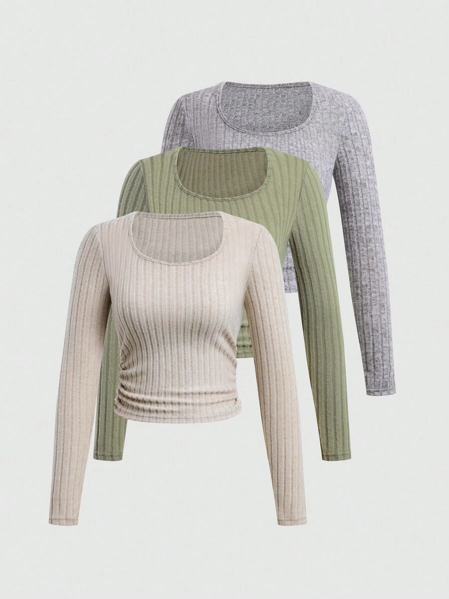 SHEIN Unity Rib-Knit Ruched Solid T-Shirt - Multicolor - View 1