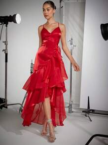 Hauture Layered Ruffle Asymmetric Organza Dress - Red - View 3