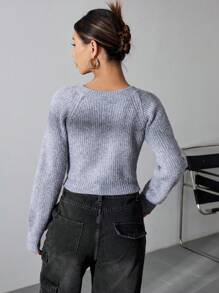 Flirla Women'S Solid Color V-Neck Sweater With Raglan Sleeves