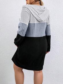 Calvaya Women's Plus Size Half Zipper Color Block Ribbed Drawstring Hooded Sweatshirt Dress - Multicolor - View 2