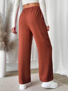 Flirla 純色彈性腰直筒褲 - 棕色 - 查看 2