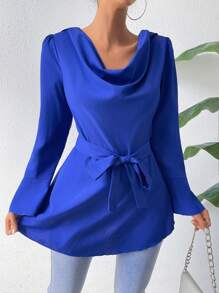 SHEIN Privé Của phụ nữ Cổ bò Thắt lưng Áo sơ mi - Màu xanh lam - Xem 4