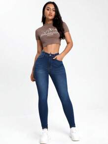 SHEIN Essnce 拉絲織物保暖斜口袋緊身牛仔褲 - 藍色 - 查看 3