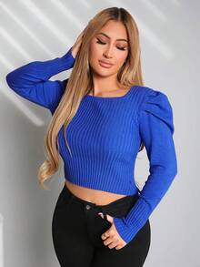 SHEIN SXY Square Neck Gigot Sleeve Sweater - Blue - View 3