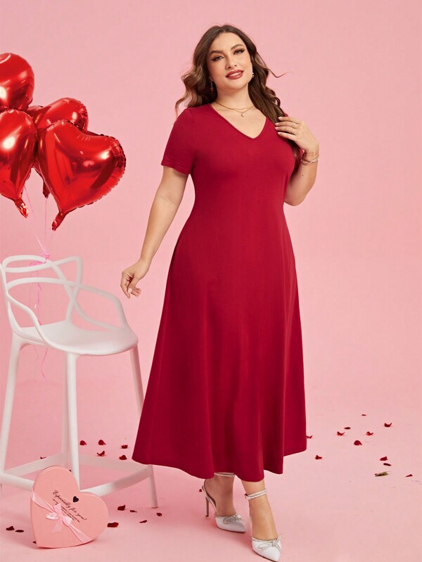 SHEIN Clasi Plus Size Women's Side Pocket Long Spring Red Dress,Valentine Day