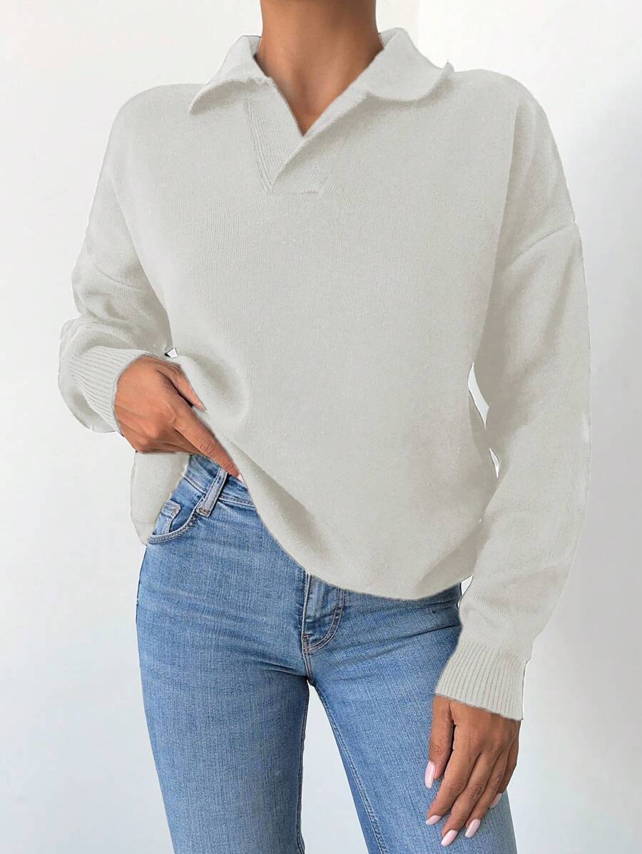 SHEIN Cottnline 女士純色下垂肩毛衣 - 白色 - 查看 1