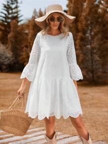 SHEIN VCAY Lỗ gắn thêu tay áo lá sen Xù Hoa Sen Váy Smock - trắng - Xem 6
