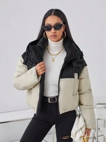 Aveloria Abrigo acolchado con capucha y cremallera de color contrastante, ropa de invierno para mujer - Multicolor - Ver 1