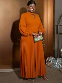Plus Size Women's Brown Solid Keyhole Neck Lantern Sleeve Ruched Elegant Dress, Suitable For Party, Club, Birthday, Banquet, Evening, Ball, New Year And Other Occasions - Brown - View 5