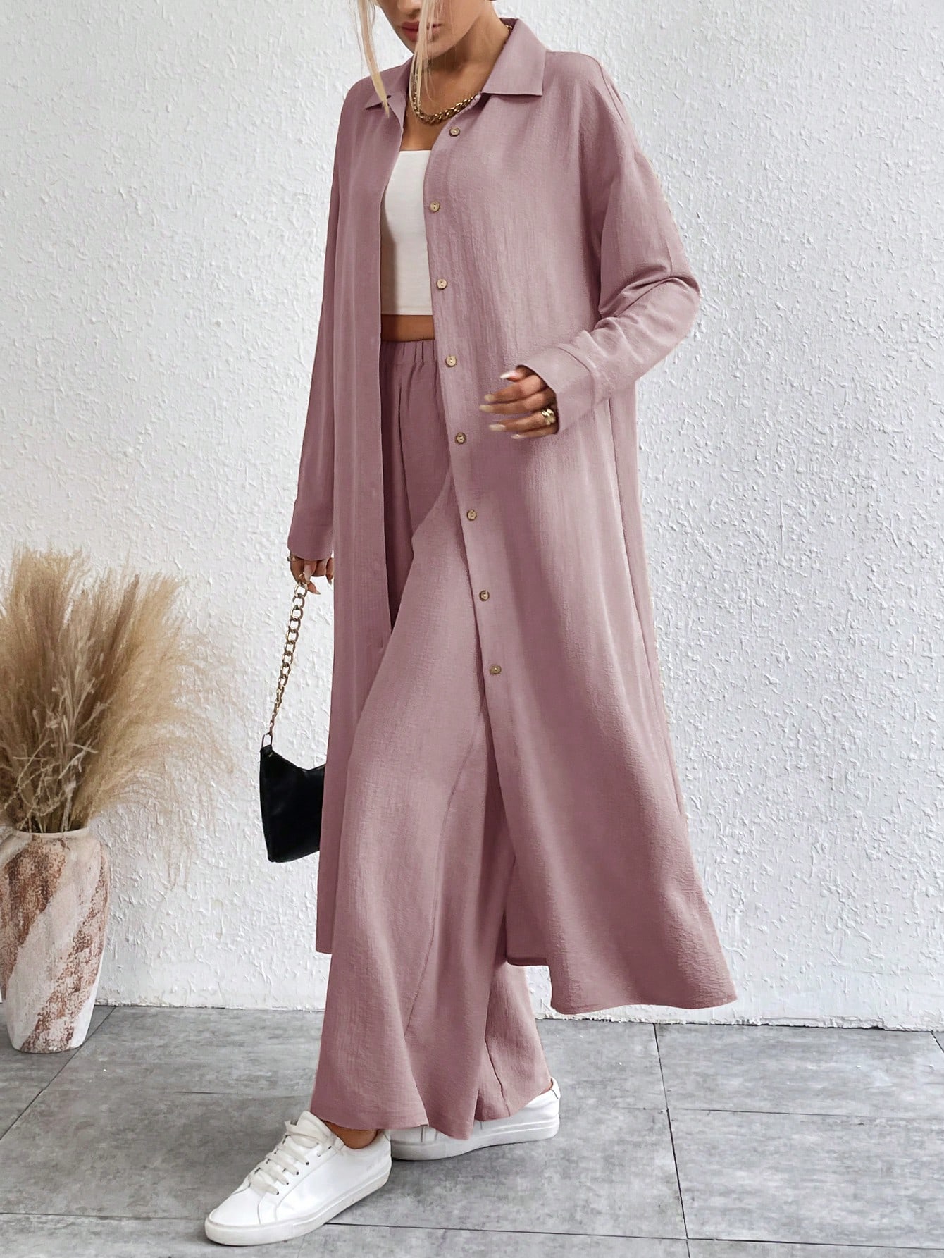 SHEIN LUNE Solid Color Drop Shoulder Long Shirt And Wide Leg Pants Two-piece Set sz2311079758010444