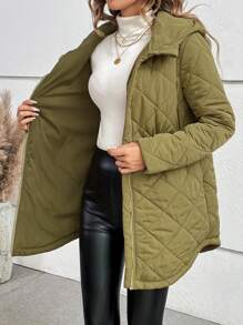 SHEIN LUNE 女士纯色连帽棉服外套冬季抽绳腰带 - 芥末黃 - 查看 5