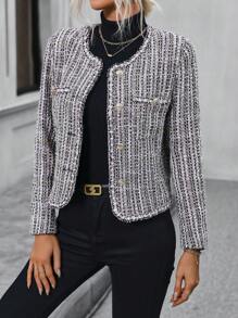 SHEIN Clasi Của phụ nữ Nút Kẻ sọc áo - Màu Khaki - Xem 4