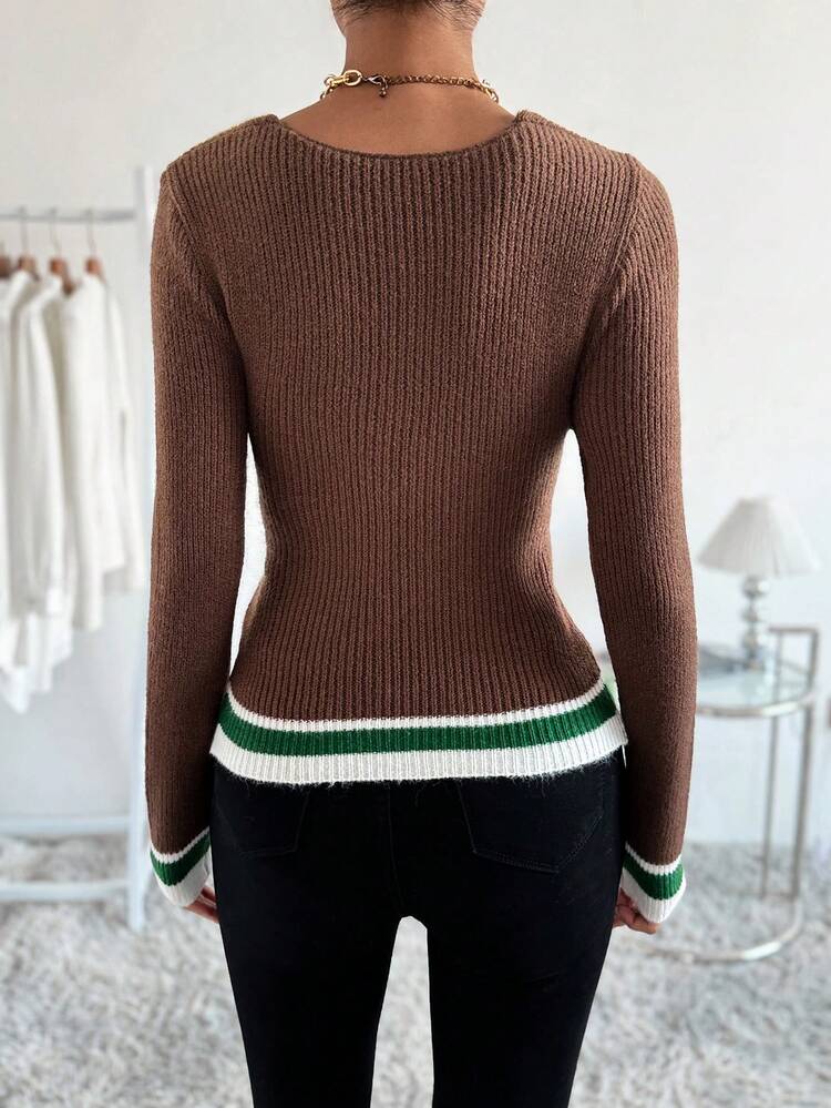 Striped Trim Crossover Knit Pullover Fall Winter Sweater