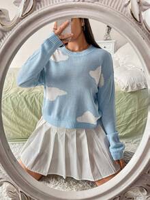 Flirla 女性加大碼雲紋下垂肩毛衣 - 藍白色 - 查看 4