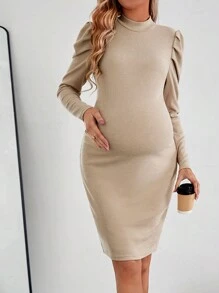 SHEIN 孕婦立領羊肚袖連衣裙 - 卡其色 - 查看 1