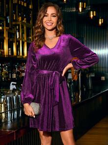 SHEIN Clasi 女性燈籠袖腰帶連身裙