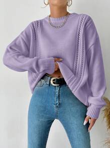 RueChic Suéter Holgado De Punto Morado Para Dama Con Diseño Calado - Púrpura malva - Ver 3