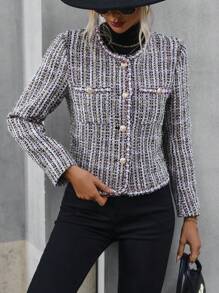 SHEIN Clasi Của phụ nữ Nút Kẻ sọc áo - Màu Khaki - Xem 6