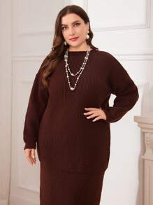 Mulvari Bộ áo len cỡ lớn: Áo cổ tròn tay dài + váy 2 món - Cà phê nâu - Xem 4