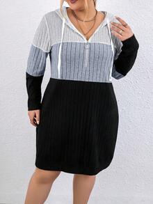Calvaya Women's Plus Size Half Zipper Color Block Ribbed Drawstring Hooded Sweatshirt Dress - Multicolor - View 3