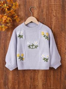 SHEIN Toddler Girls' Floral Pattern Round Neck Sweater - Grey - View 1