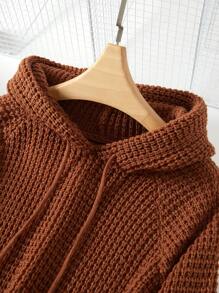 SHEIN LUNE Tay Raglan Dây rút áo có mũ Áo len - Rỉ Nâu - Xem 8