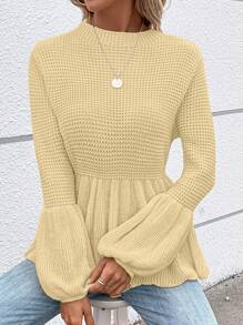 SHEIN LUNE Của phụ nữ Màu thuần Tay áo lồng đèn Áo len Với Xù Hoa Sen - Màu be - Xem 3