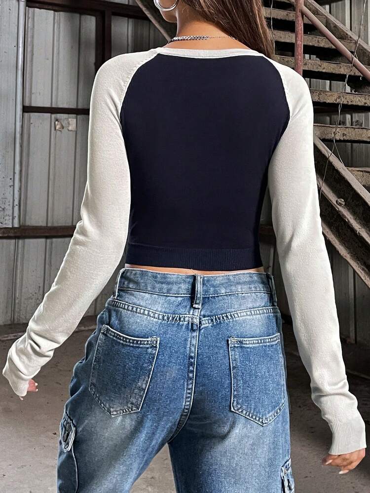 Women'S Colorblock Round Neck Raglan Sleeve Sweater