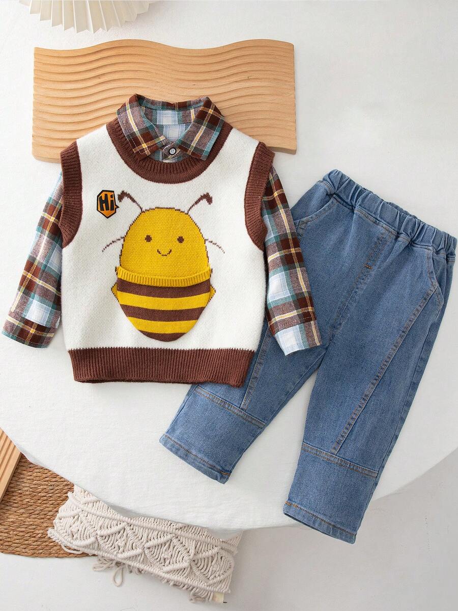 Young Boy Plaid Print Shirt & Cartoon Pattern Sweater Vest & Jeans - Brown - View 1