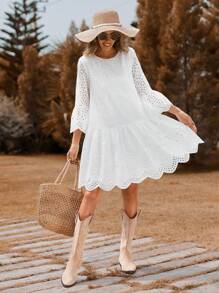 SHEIN VCAY Lỗ gắn thêu tay áo lá sen Xù Hoa Sen Váy Smock - trắng - Xem 4