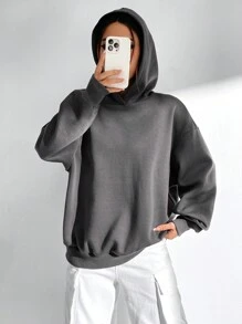 SHEIN EZwear 女士帶後背印花圖案連帽衫 - 灰色 - 查看 5