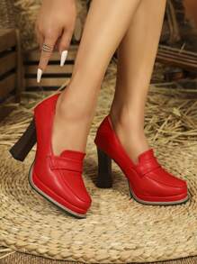 女士粗跟木纹防水厚底方头高跟鞋、工作办公鞋 - 紅色 - 查看 3