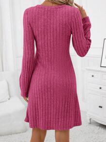 SHEIN Clasi 女性v領肋紋連衣裙 - 玫紅色 - 查看 2