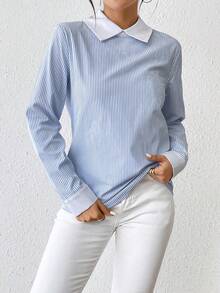 SHEIN Clasi Của phụ nữ Sọc dọc Vòng cổ Áo sơ mi - Màu xanh lam - Xem 4