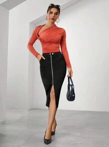 SHEIN Essnce 女式拉鍊高衩牛仔裙 - 黑色 - 查看 4