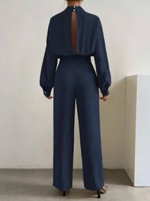 Chiquease 女式立領燈籠袖連身褲 - 藏蓝色 - 查看 2