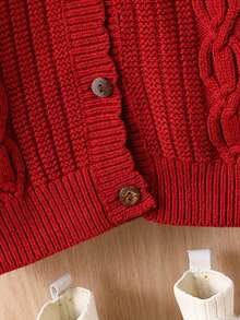 SHEIN Bé gái Màu thuần Nút lên Áo len Mở - Màu Đỏ Sâu - Xem 5