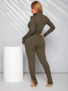 SHEIN SXY Màu thuần Nửa Zip Xếp li Áo thun Với Khe nứt bên Quần 2 cái/bộ - màu xanh lá - Xem 2
