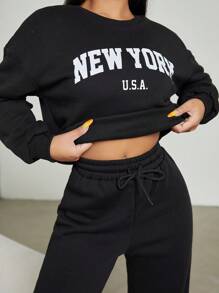 EURMUSE Letter Graphic Drop Shoulder Pullover & Sweatpants - Black - View 5