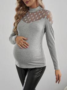 SHEIN 孕婦透明領網布料拼接 T 卹 - 灰色 - 查看 3