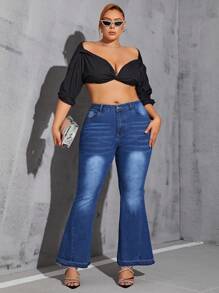 SHEIN Privé Damski Rozmiar Plus Kwiatowy haft Umyty Flared Jeans