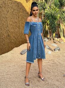 SHEIN SXY Women's Off Shoulder Denim Dress - Medium Wash - View 5