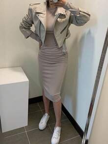 DAZY Đầm ôm dáng dài tay xếp ly thời trang dành cho nữ - Màu Khaki - Xem 6