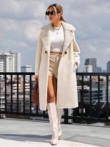 SHEIN Essnce Solid Color Large Lapel Belted Woolen Coat - Apricot - View 6