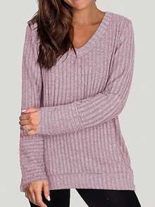 女士純色長袖v領時尚休閒秋冬毛衣上衣 - 紫色 - 查看 3